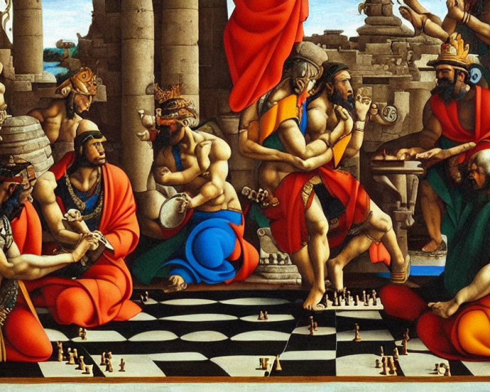 Classical chess game scene with muscular figures and ancient architecture