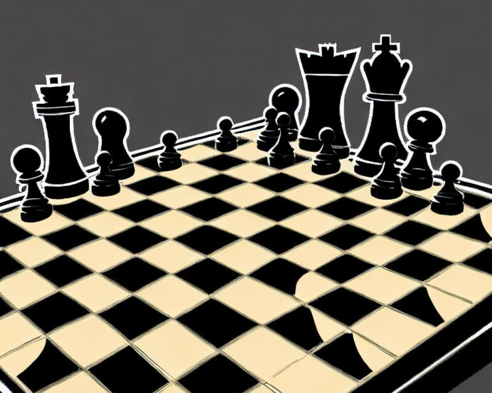 Stylized black and white chess set on checkered board with dramatic perspective