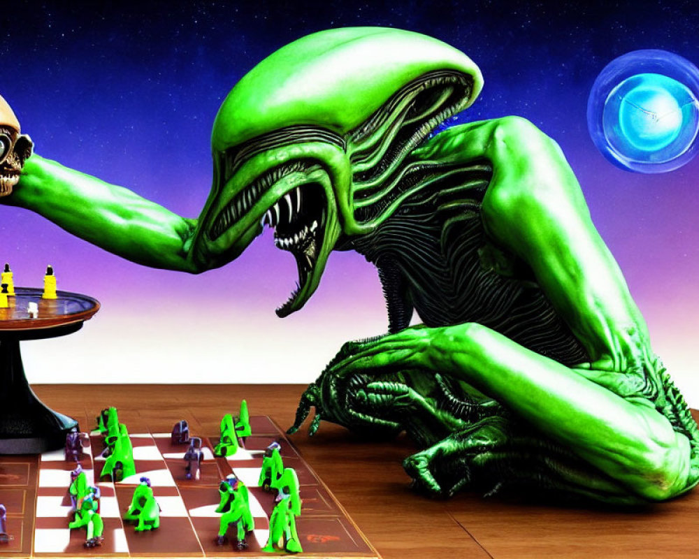 Alien creature and skeletal figure play chess on wooden table with cosmic backdrop.