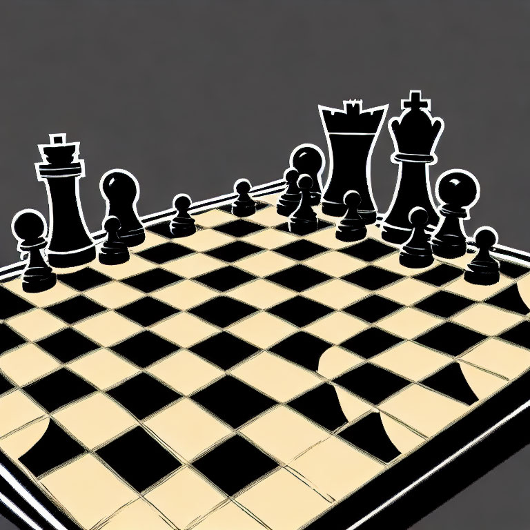 Stylized black and white chess set on checkered board with dramatic perspective
