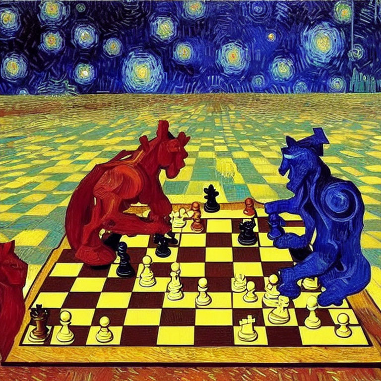 Chessboard on Yellow and Blue Checkered Floor with Red and Blue Horse Chess Pieces in Van Gogh