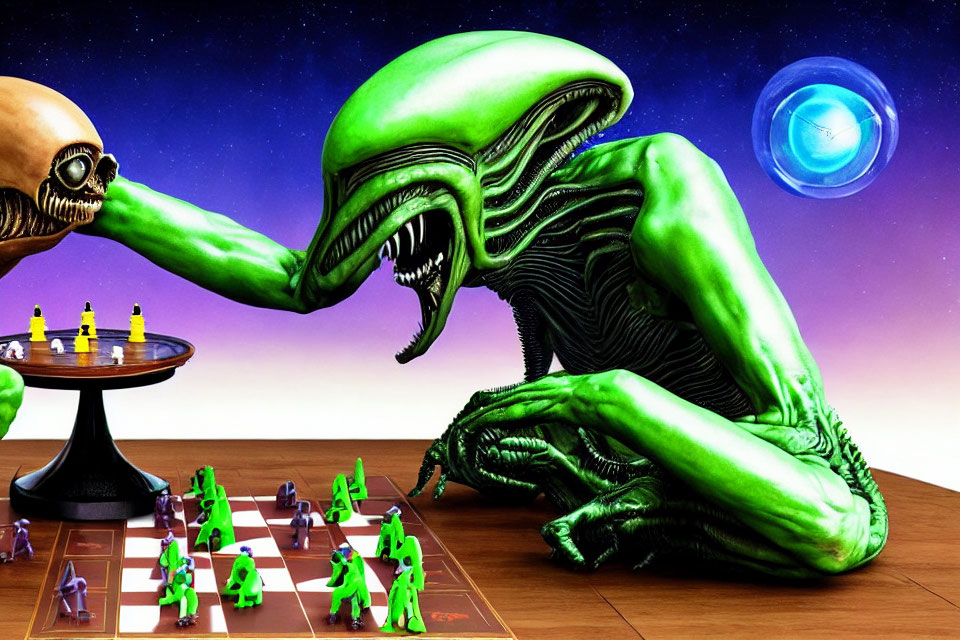 Alien creature and skeletal figure play chess on wooden table with cosmic backdrop.