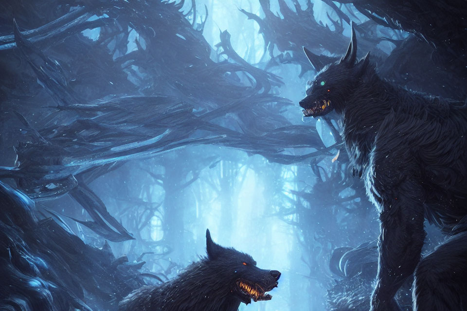 Menacing wolves in dark forest under blue light