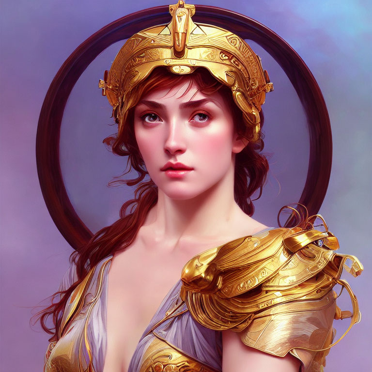 Illustration: Woman in Golden Armor with Grecian Helmet on Purple Background
