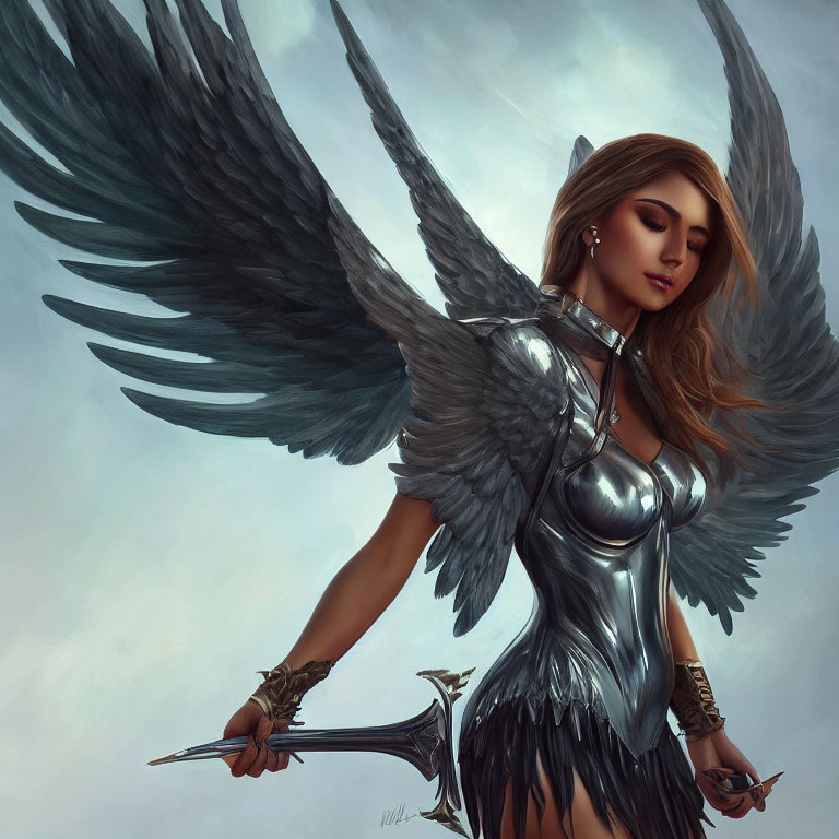 Detailed illustration of female angel in silver armor with sword