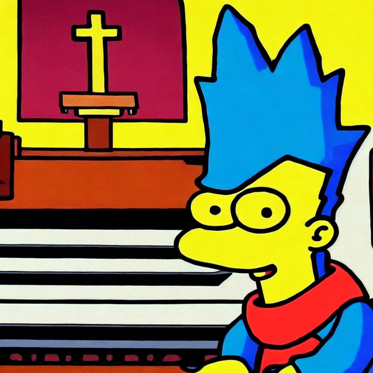 Yellow-skinned boy with spiky blue hair at church altar