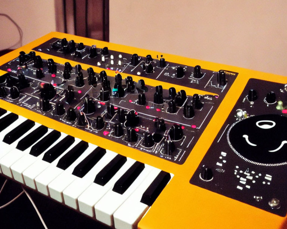 Vibrant synthesizer with knobs and sliders on table in pink-lit room