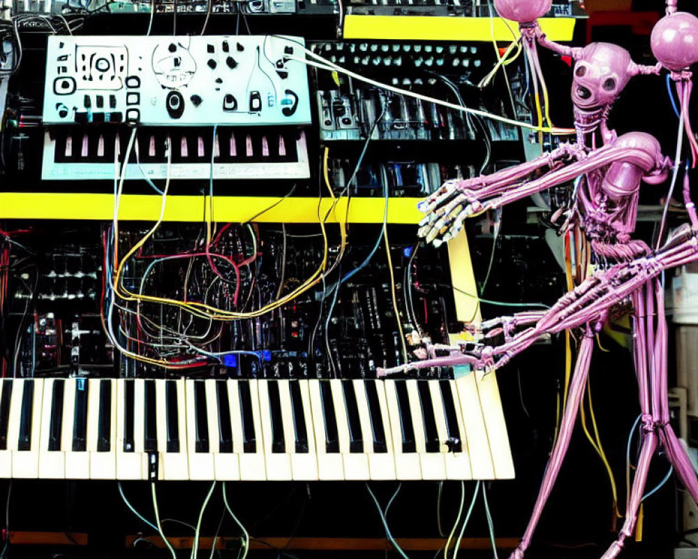Skeletal robotic figure with electronic music equipment and synthesizers