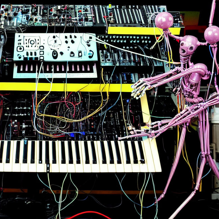 Skeletal robotic figure with electronic music equipment and synthesizers
