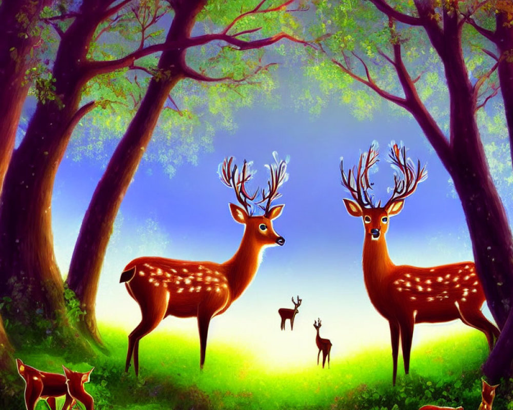 Group of deer in magical forest clearing at sunrise or sunset