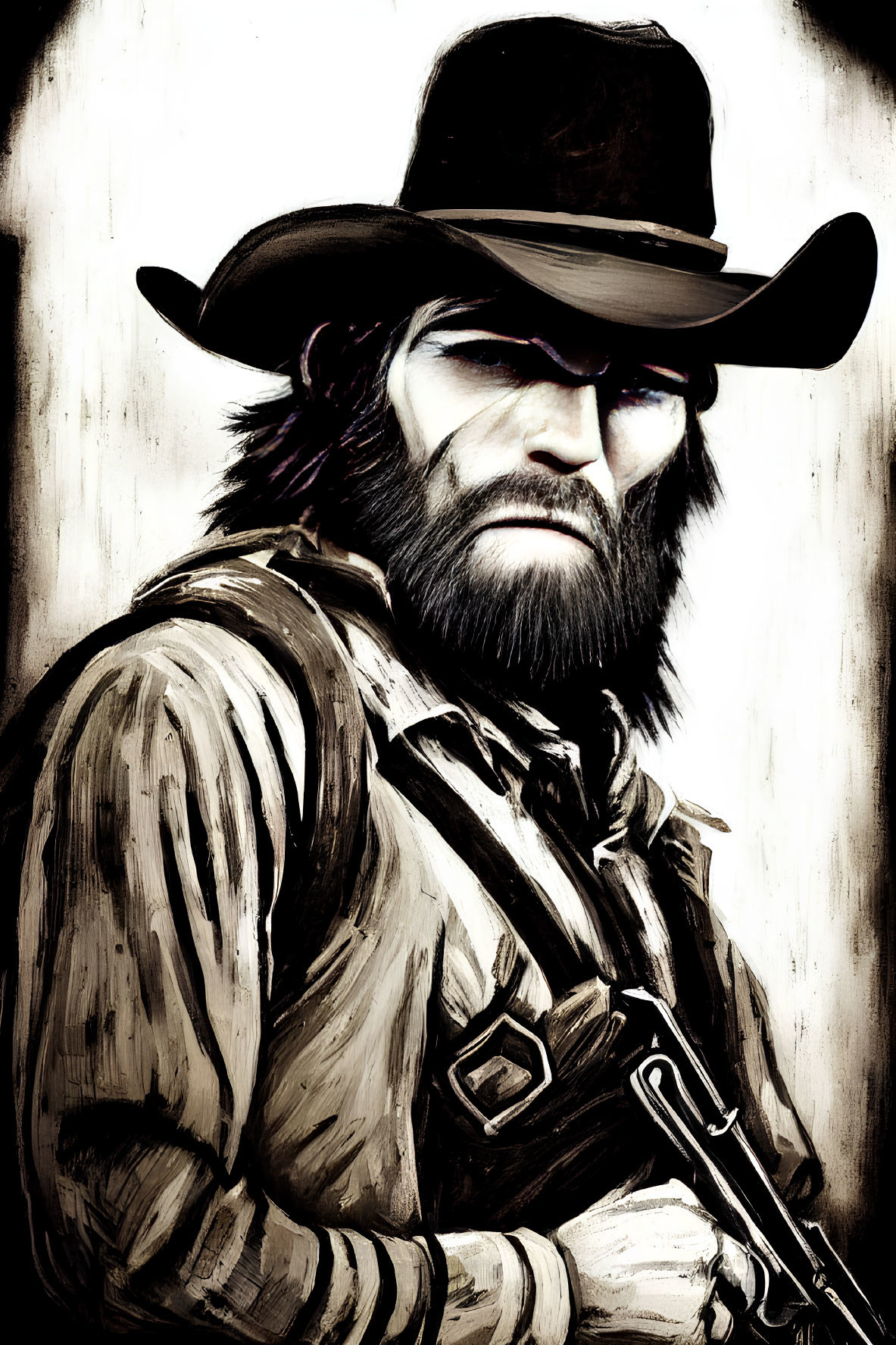 Bearded cowboy in duster coat with rifle on textured background