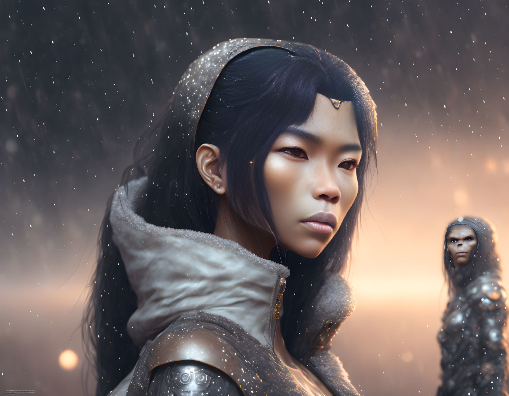 Digital Artwork: Asian Woman in Fur-lined Hood with Snowfall Background and Mystical Creature