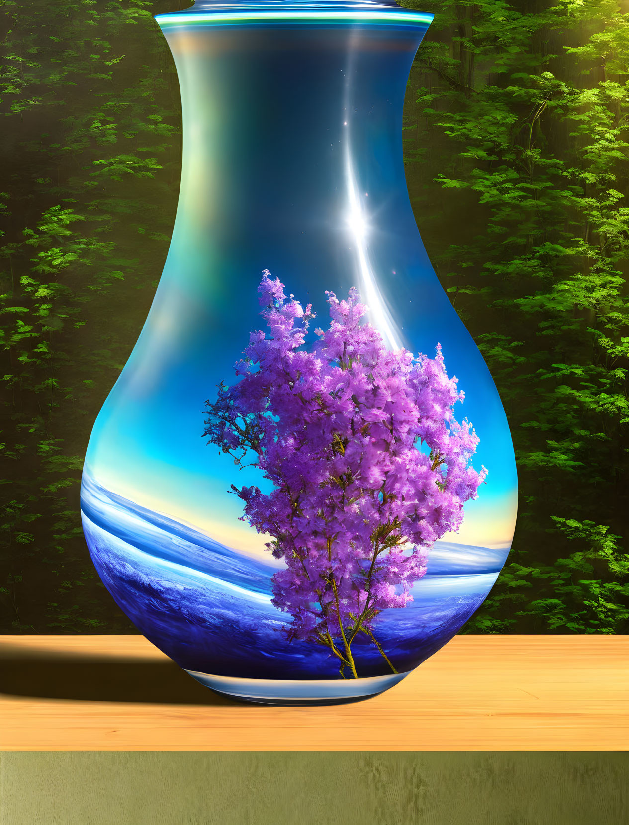 Shiny vase with surreal ocean and sky design featuring purple tree on wooden surface