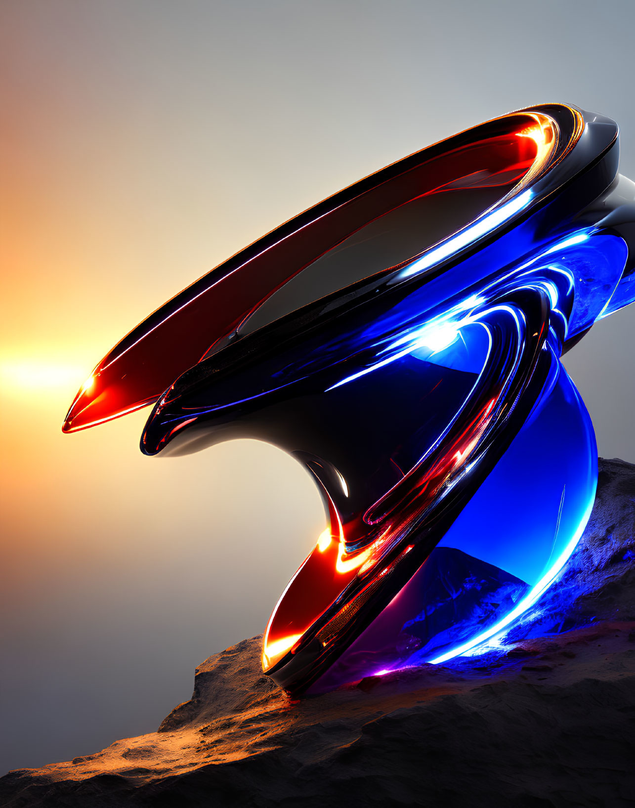 Abstract Sculpture with Reflective Blue and Red Surfaces Against Sunset Sky