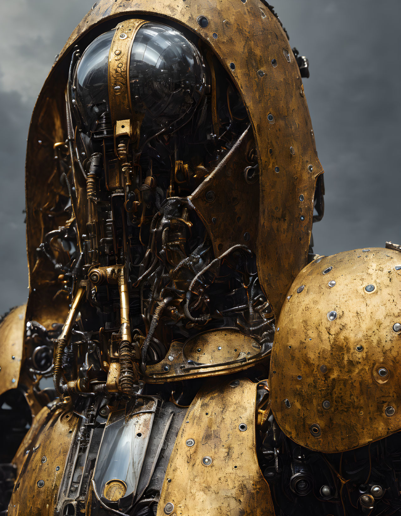 Detailed Steampunk-Style Robotic Figure with Brass Helmet