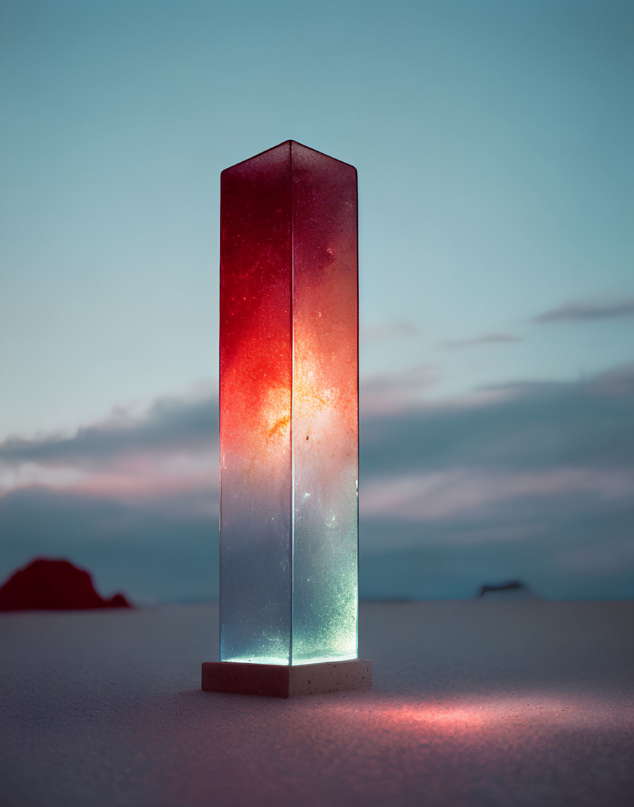 Gradient Glowing Monolith in Twilight Sky Landscape