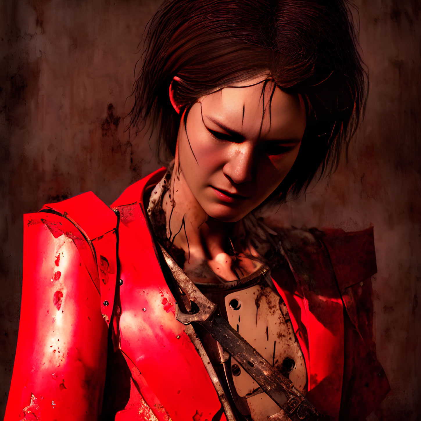 Digital artwork: Woman grimacing, covered in blood, in tattered red jacket