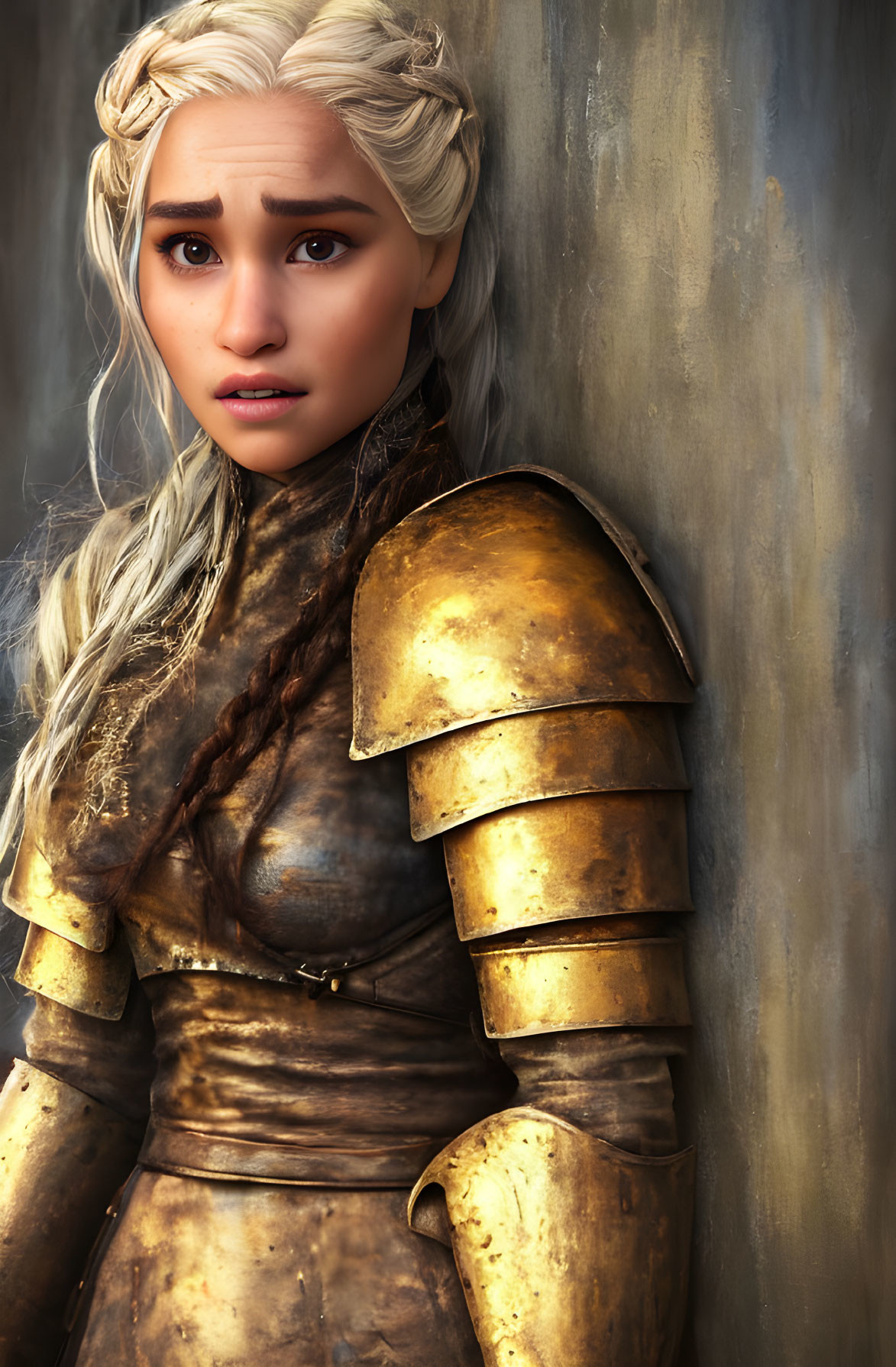 Blonde Braided Hair Female Character in Golden Armor against Textured Background