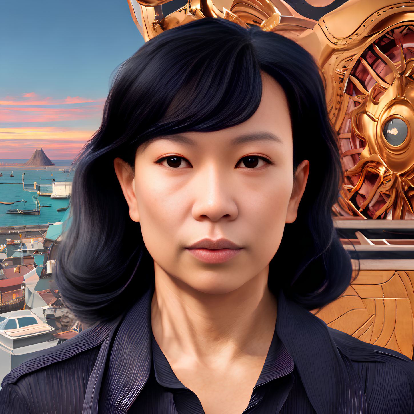 Asian woman with black hair in futuristic nautical portrait
