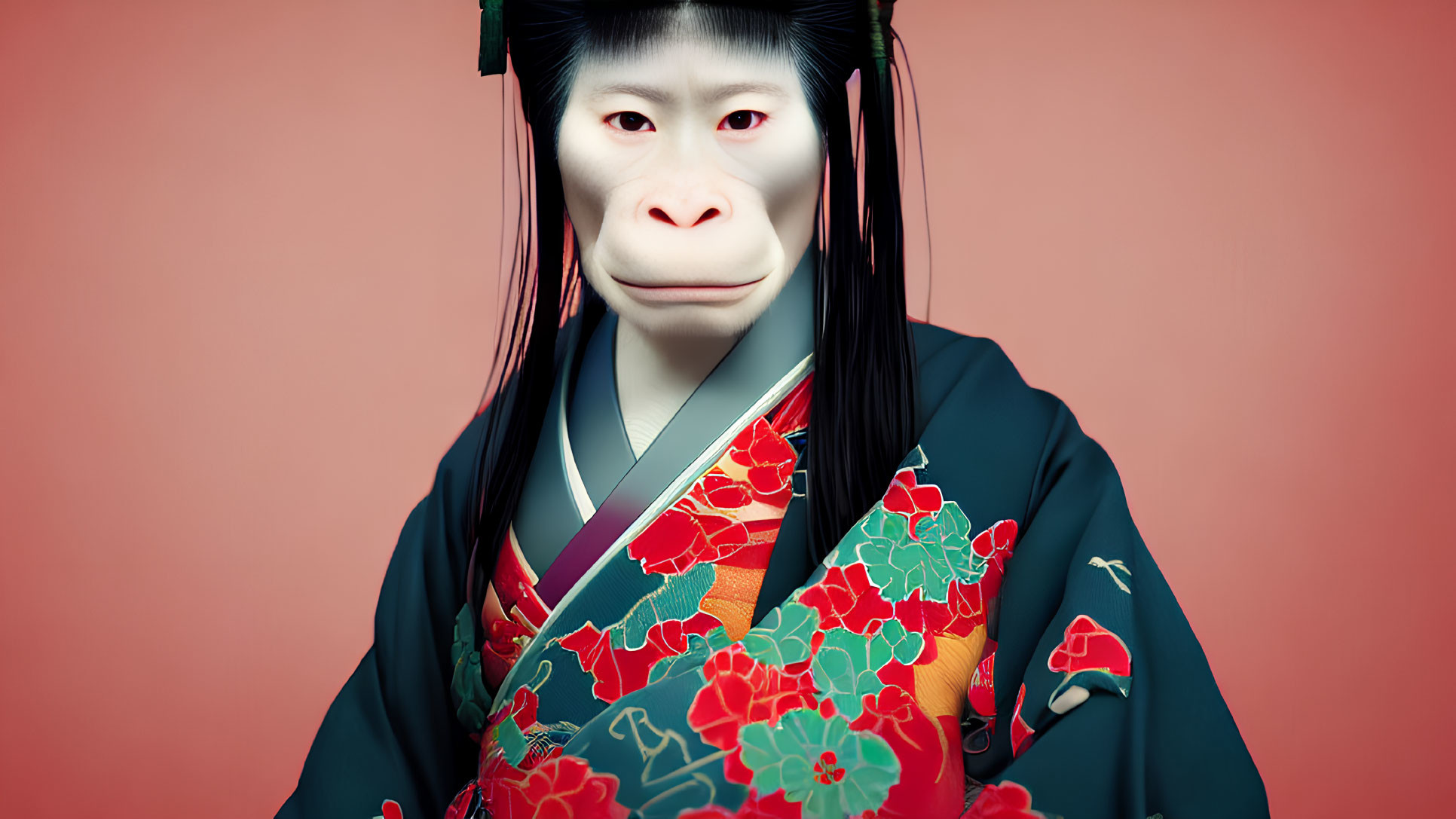 Digital art: Monkey face on human body in kimono with floral patterns on red background
