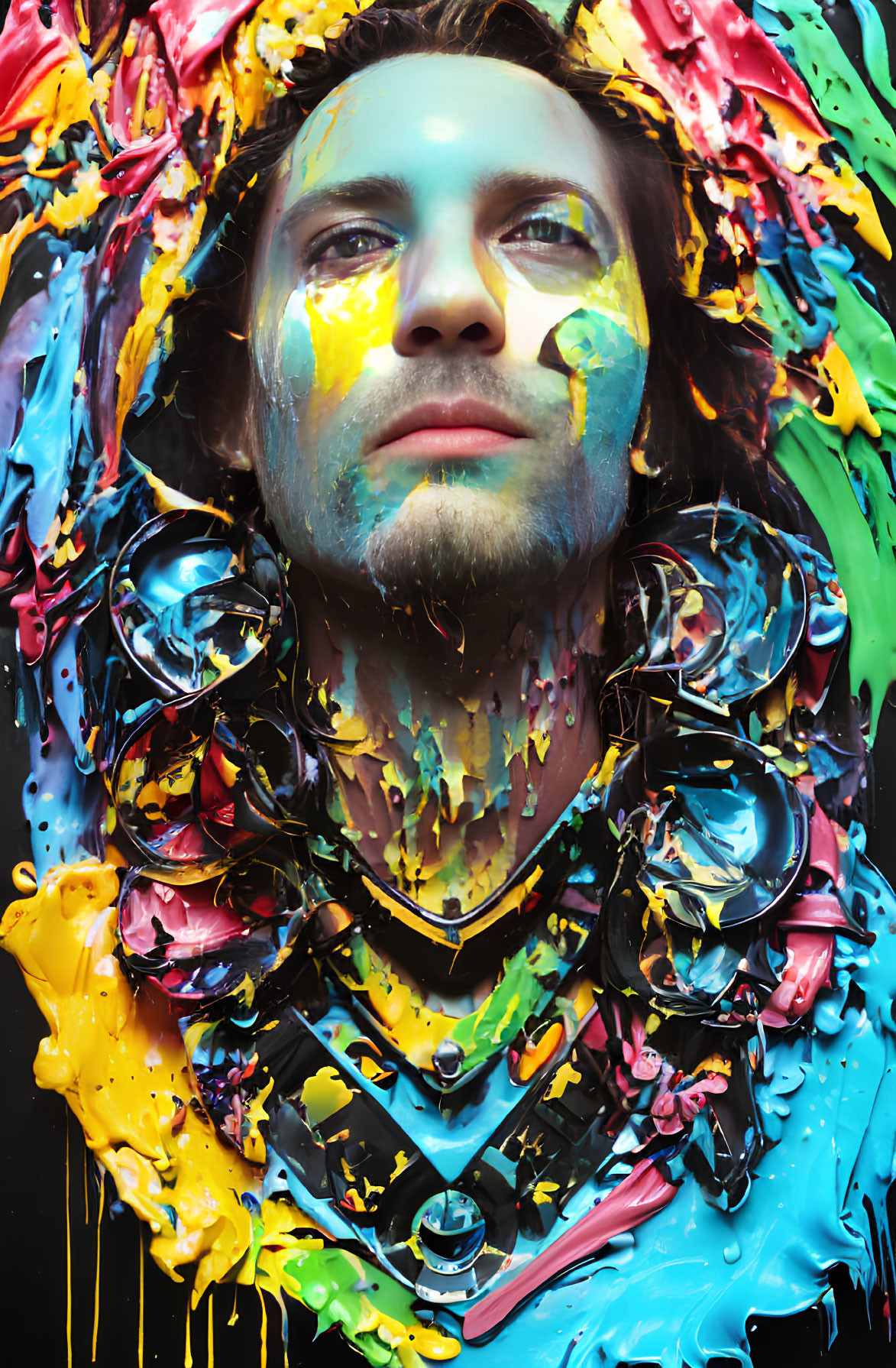 Contemplative person covered in vibrant paint splashes
