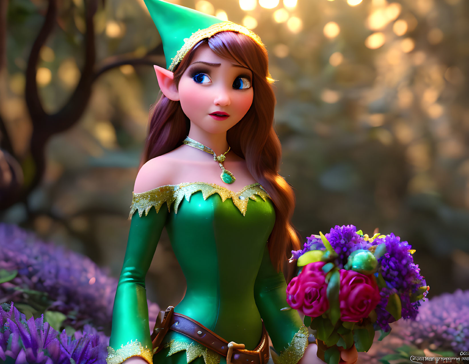 Animated female elf with auburn hair in green dress among purple forest flora