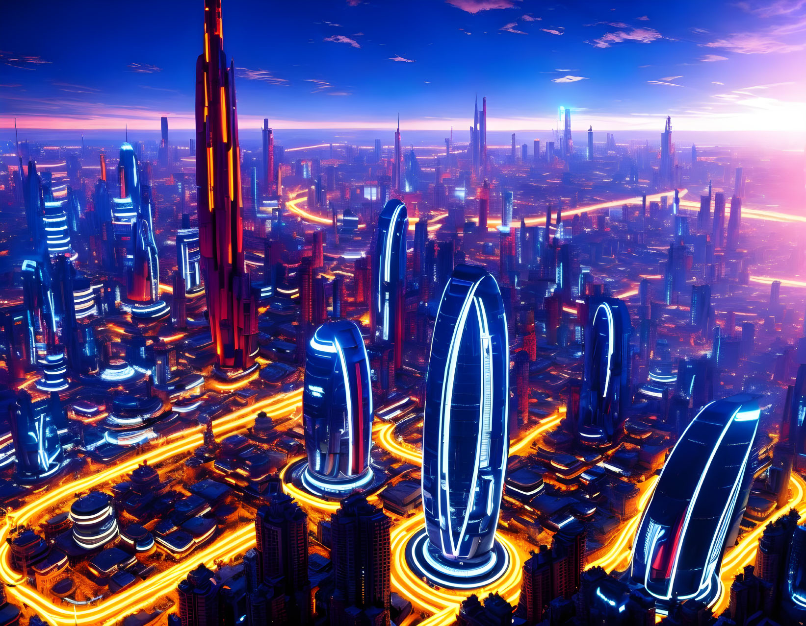Futuristic cityscape at dusk: neon lights, skyscrapers, glowing roadways