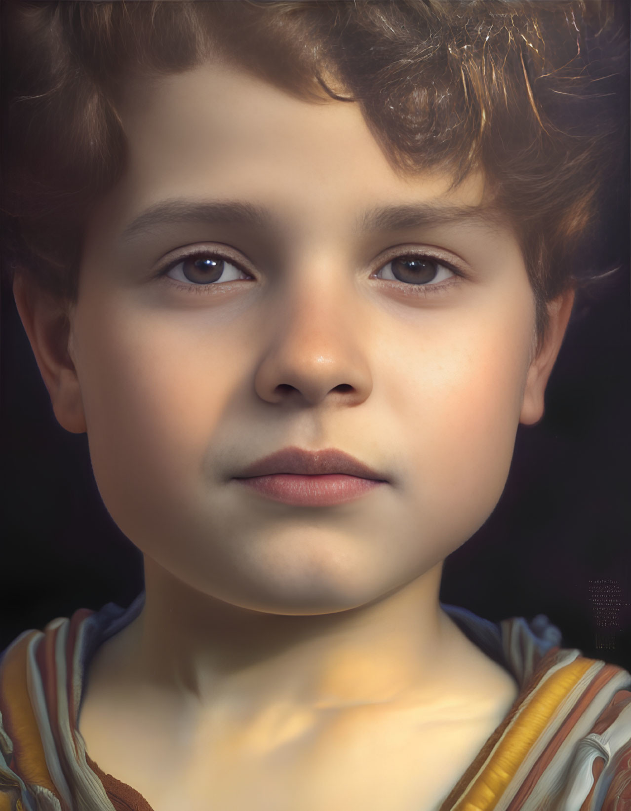Portrait of Young Boy with Brown Curly Hair and Striped Shirt