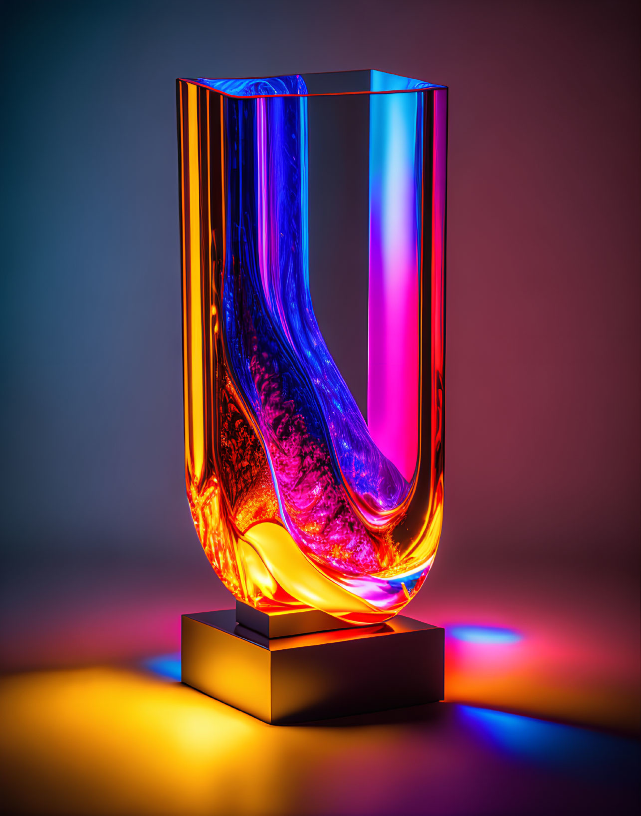 Twisted glass sculpture illuminated with neon colors on reflective surface