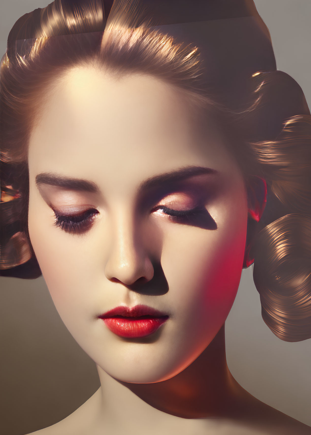 Portrait of woman with curled hair, subtle makeup, red lipstick, and serene expression.