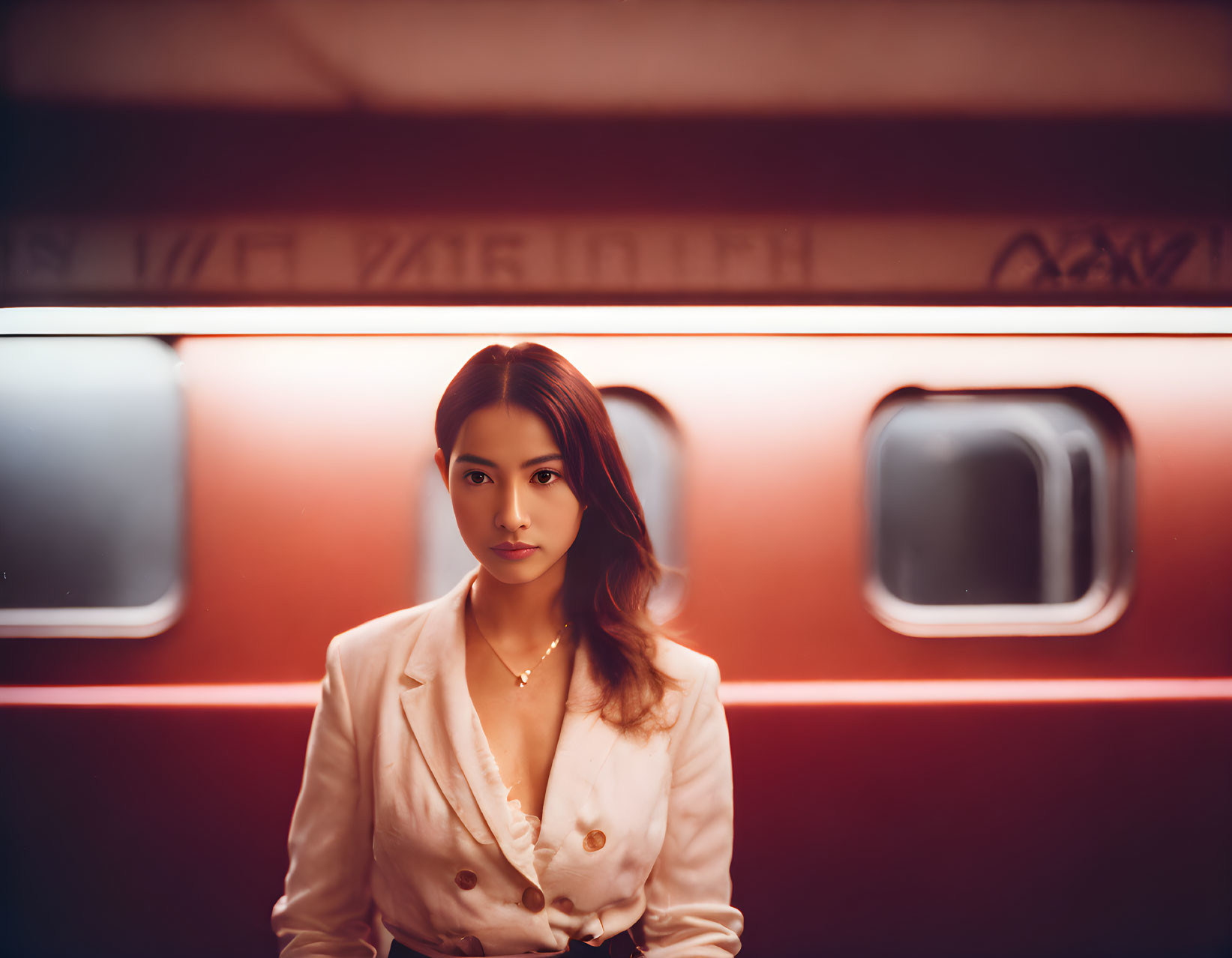 Woman in Beige Blazer Standing in Front of Red-Lit Train
