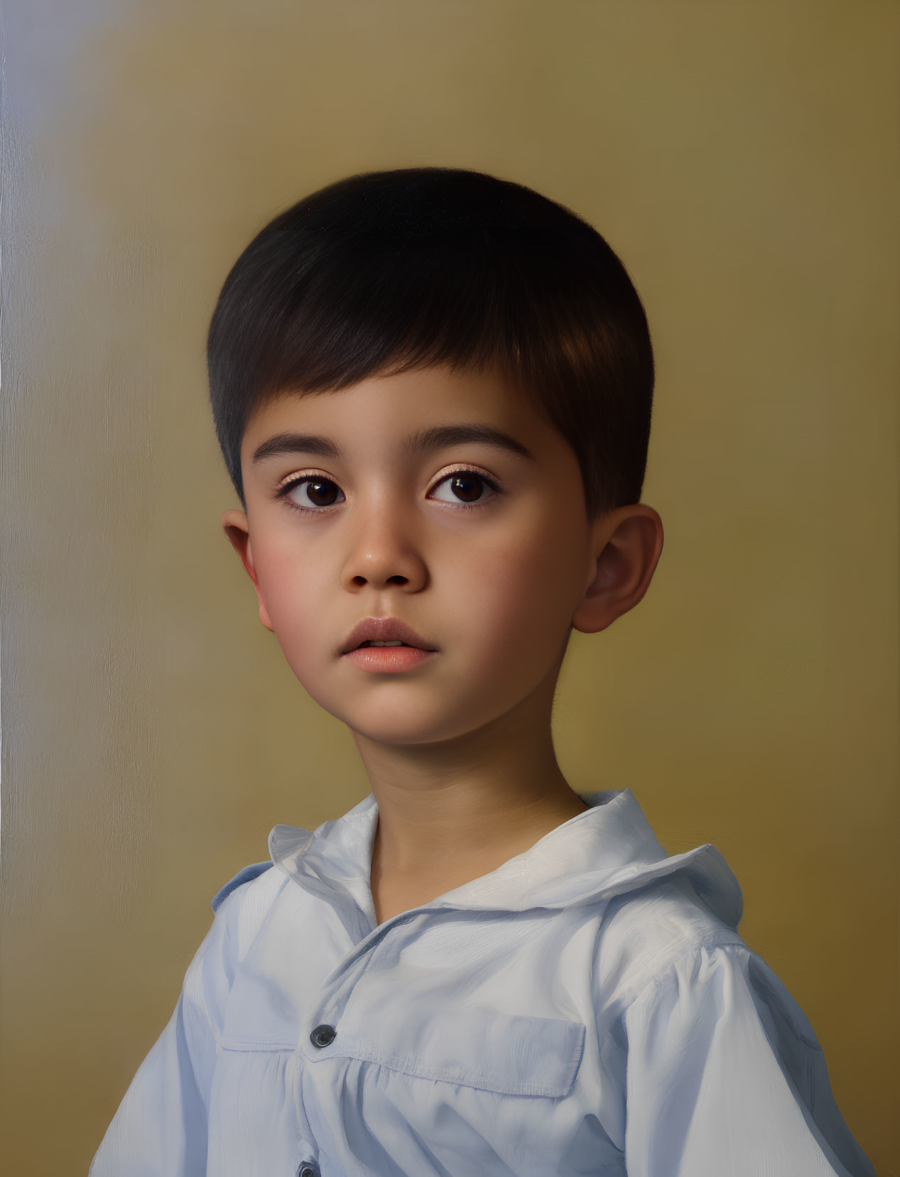 Young child portrait with solemn expression, dark hair, light blue shirt, beige backdrop