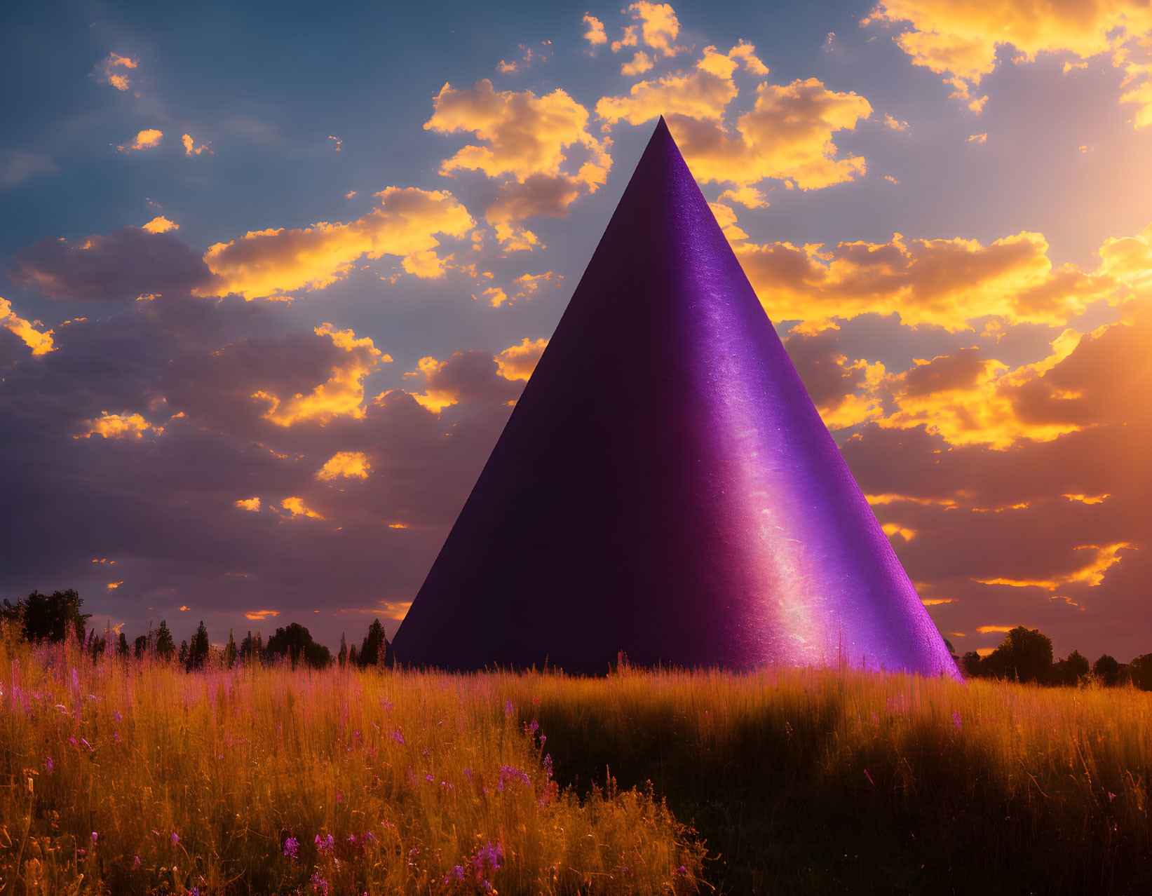 Purple Pyramid in Wildflower Field at Sunset with Dramatic Sky