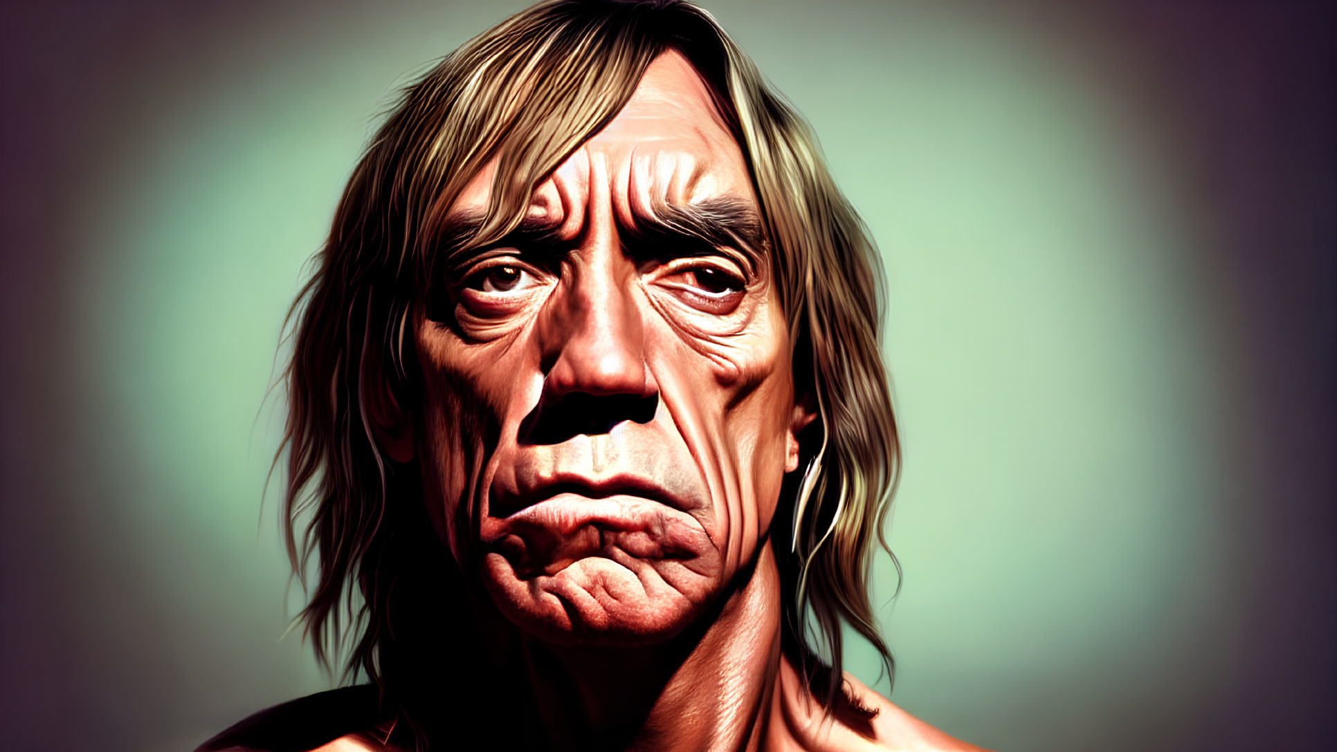 Stylized digital portrait of a man with shoulder-length hair and somber expression