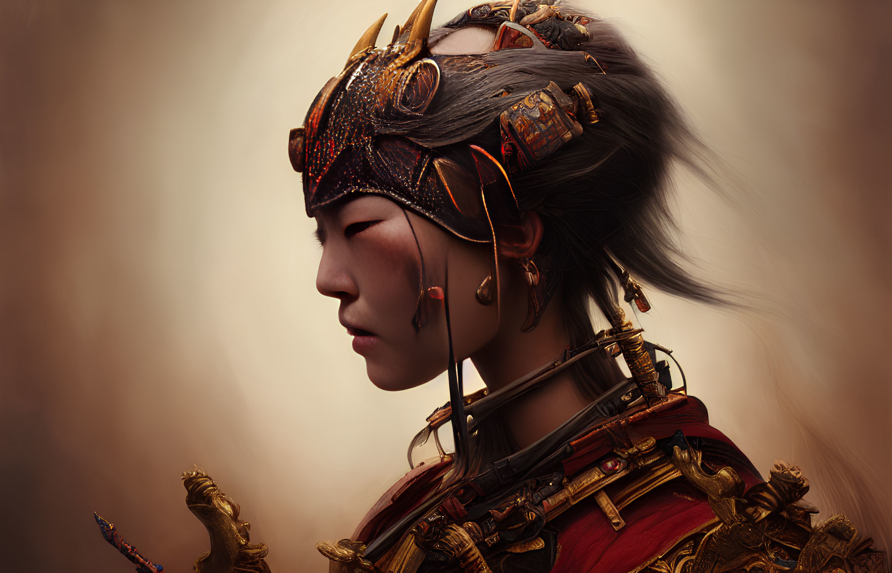 Detailed portrait of a person in ornate traditional armor with intricate helmet and contemplative expression