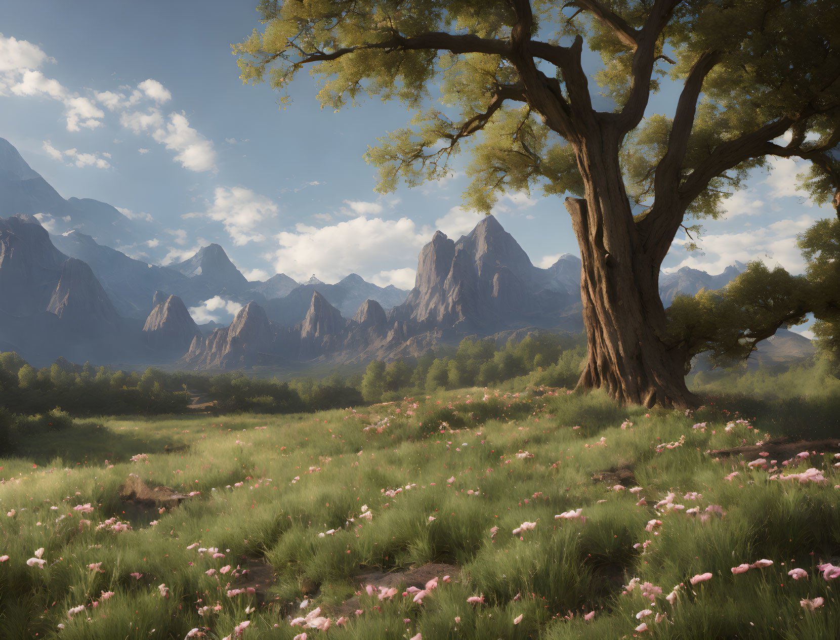 Tranquil landscape with solitary tree, pink flowers, and distant mountains