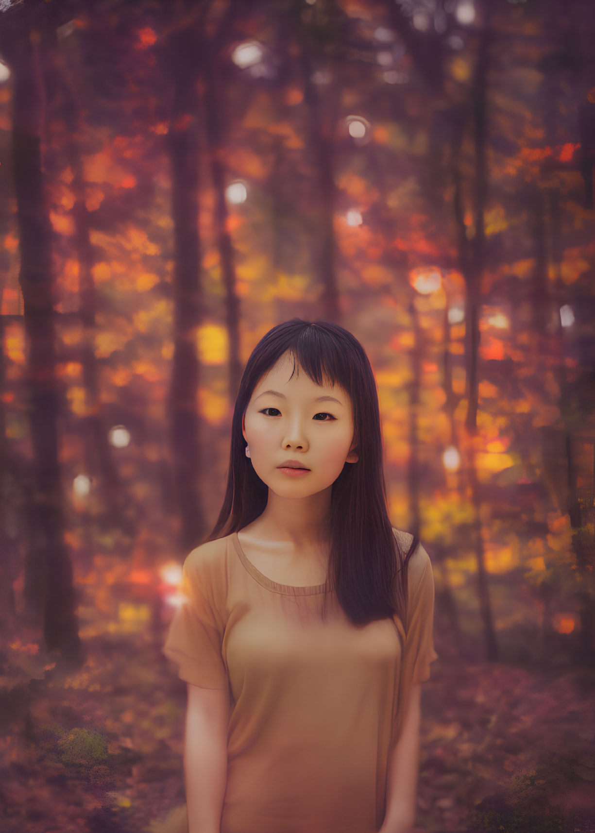 Young woman in autumn forest with sun rays and warm atmosphere