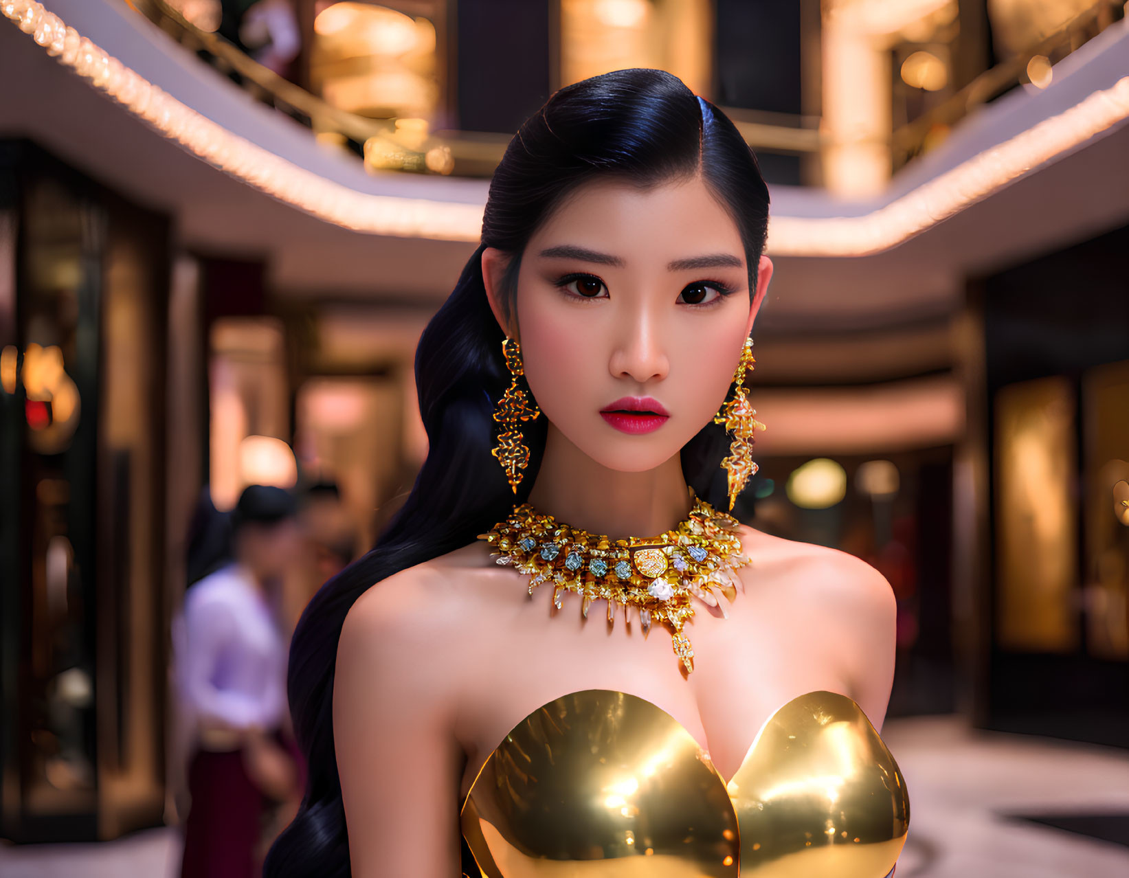 Dark-haired woman in gold dress and red lipstick indoors with ornate jewelry