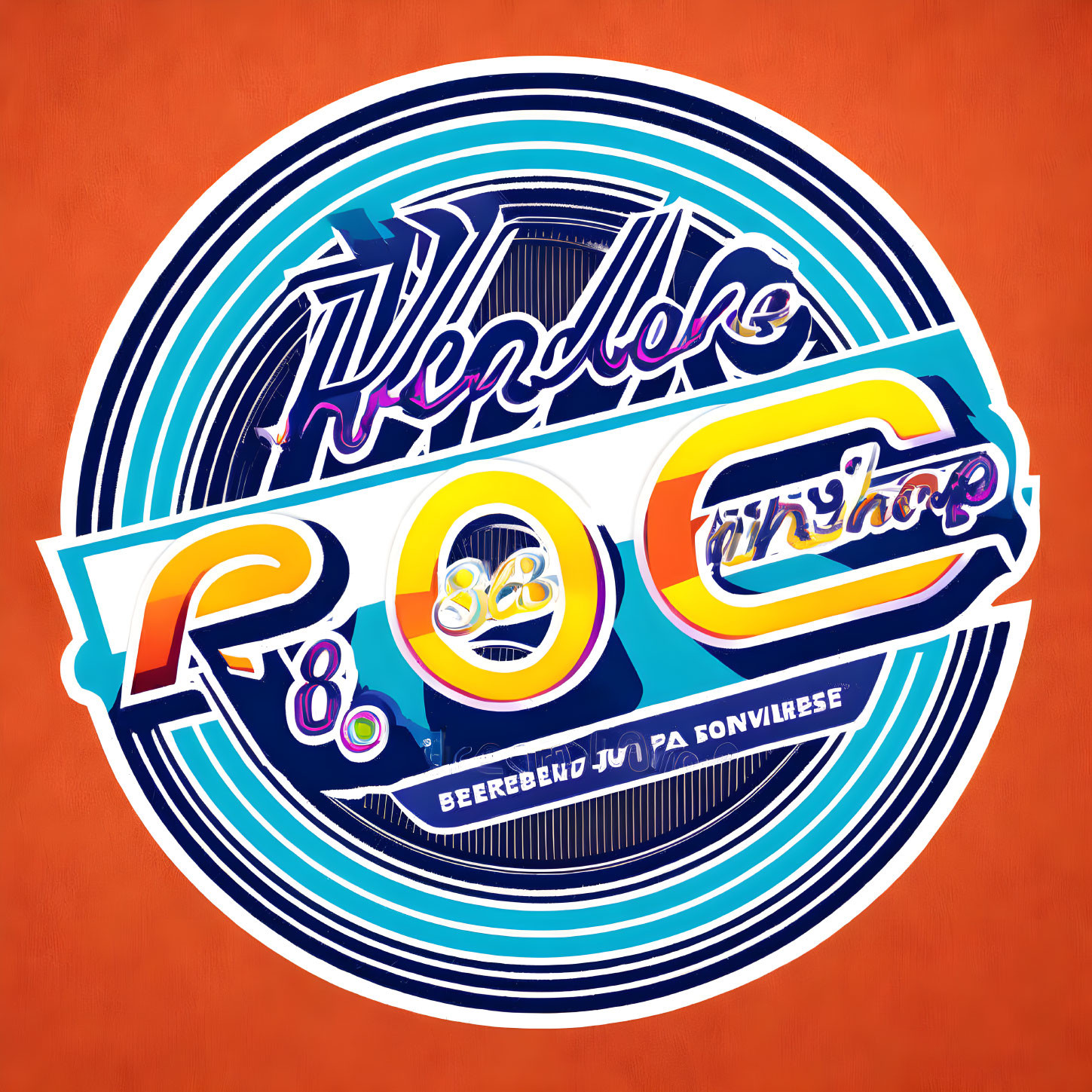Colorful Retro Graphic with Bold Text on Orange Background