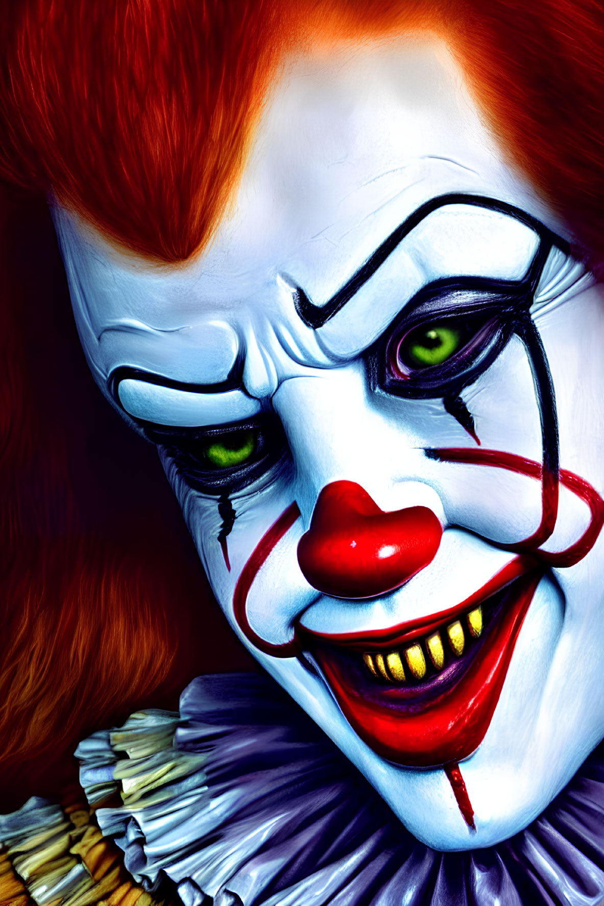Detailed close-up of a menacing clown with red hair, green eyes, sharp teeth, and white face
