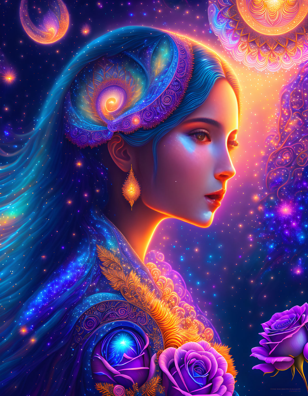 Colorful portrait of woman with blue hair in cosmic setting
