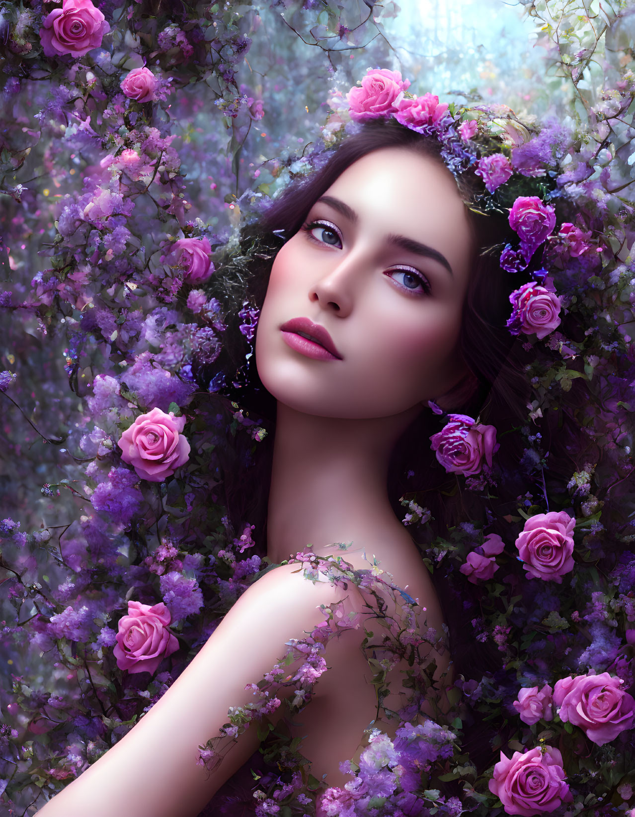 Woman with floral crown in serene setting among lilac and pink roses.