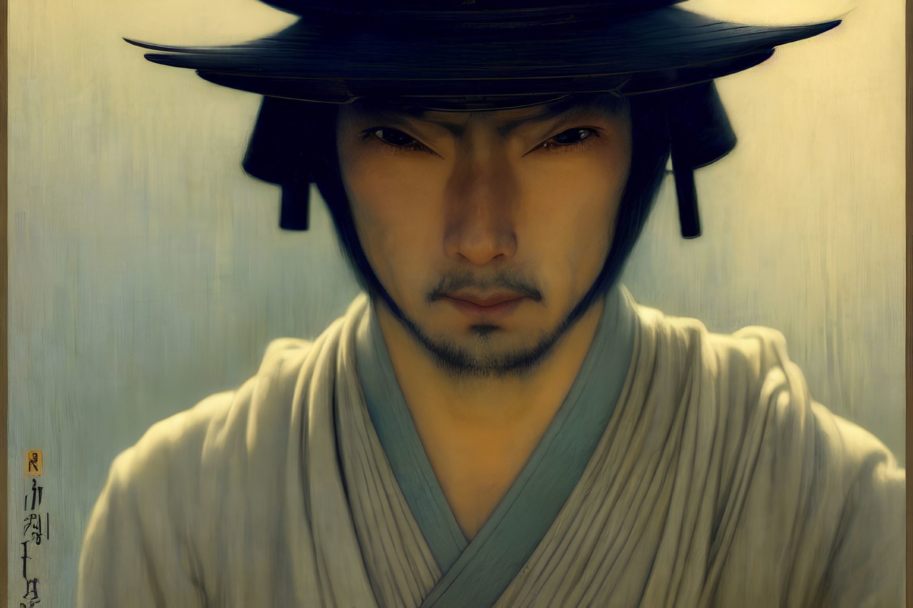 Portrait of a man with East Asian features in black hat, with intense gaze and ancient script.