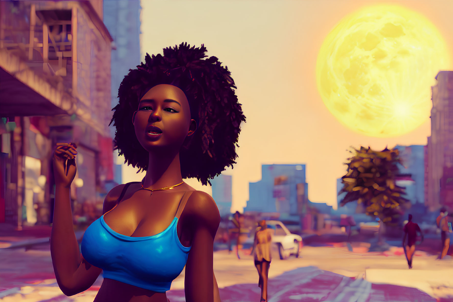 Stylized image of woman with afro and cityscape background