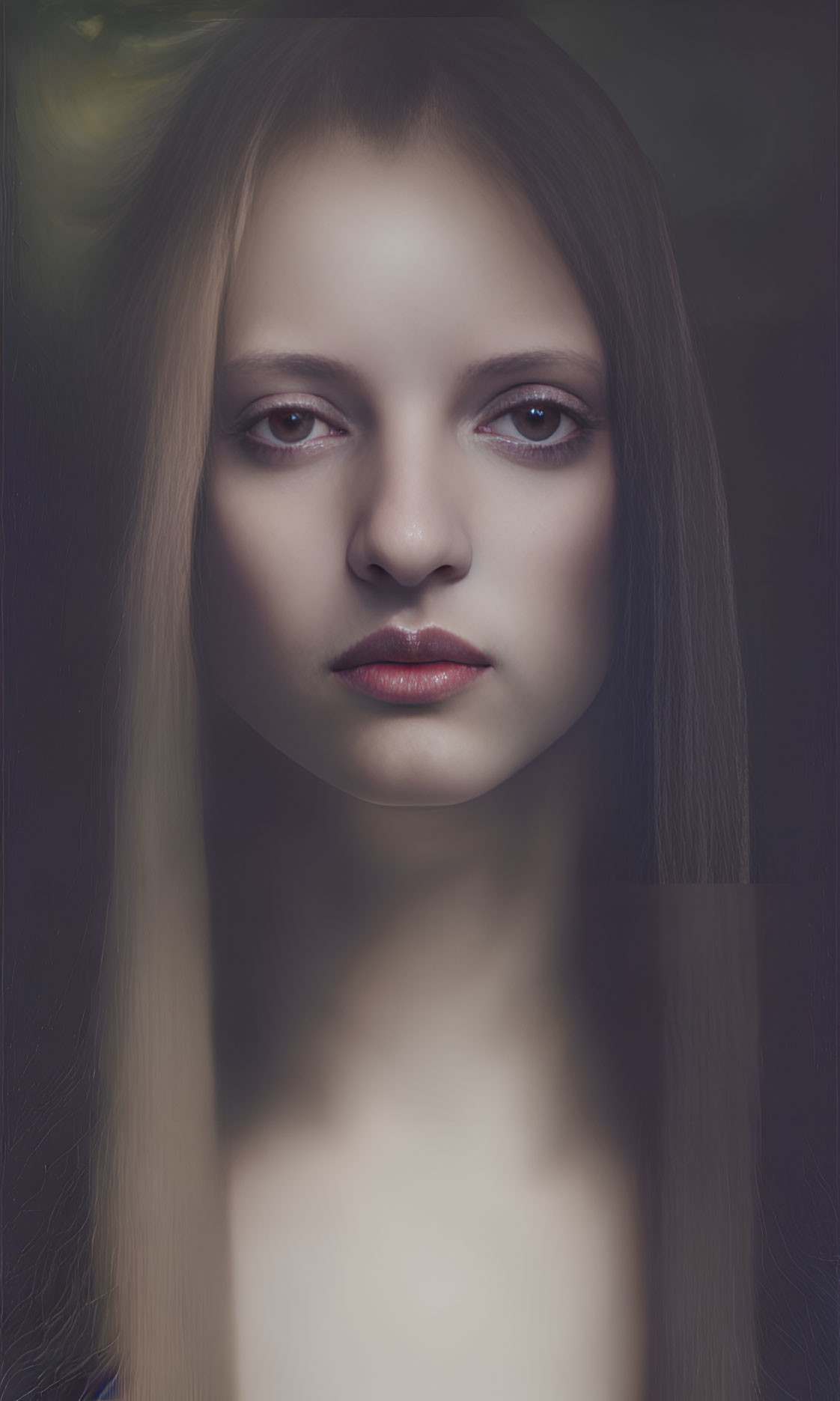 Portrait of Woman with Long Straight Hair and Dark Eyes on Dark Background