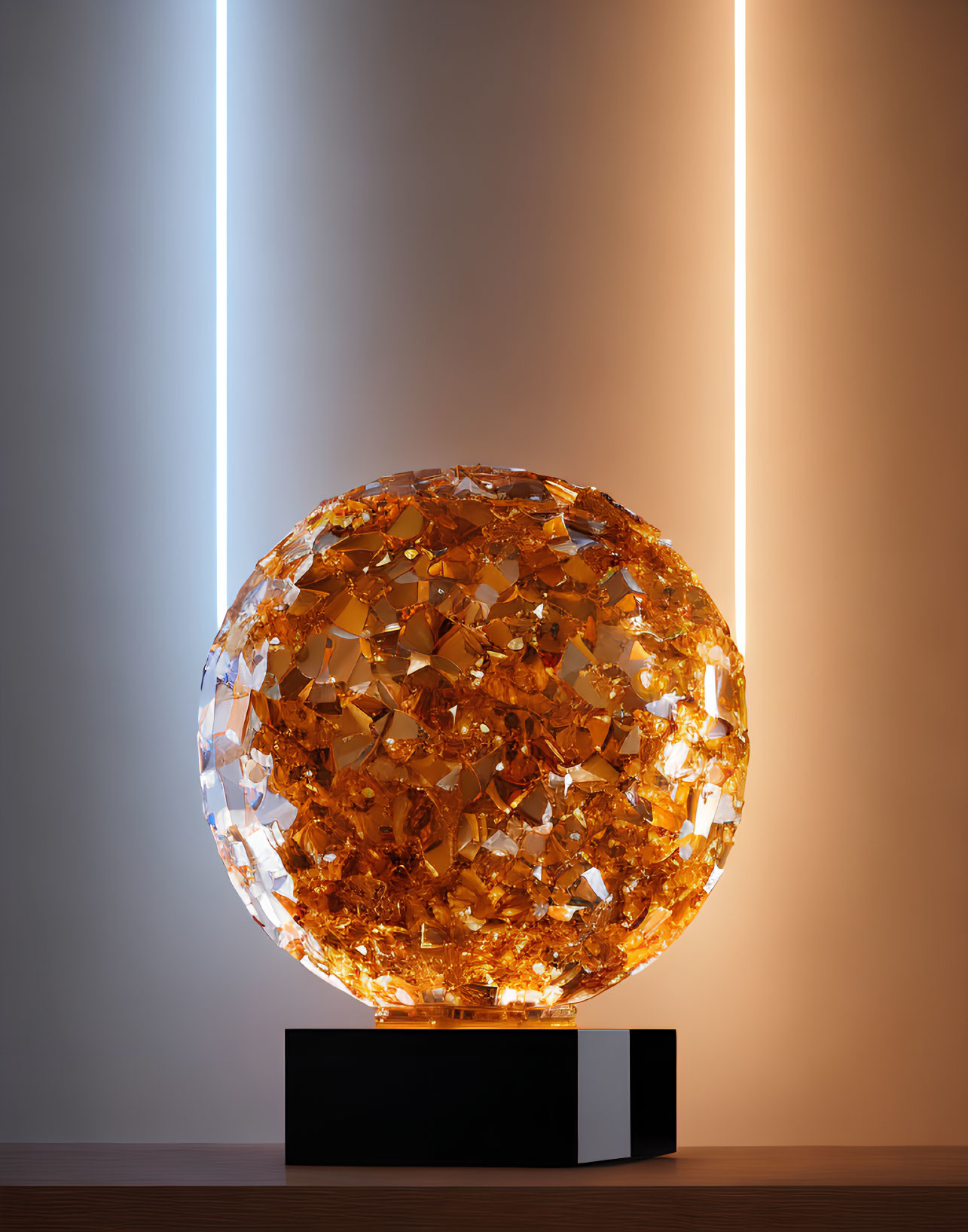 Spherical crystal with glowing orange facets on black pedestal under blue and orange lights