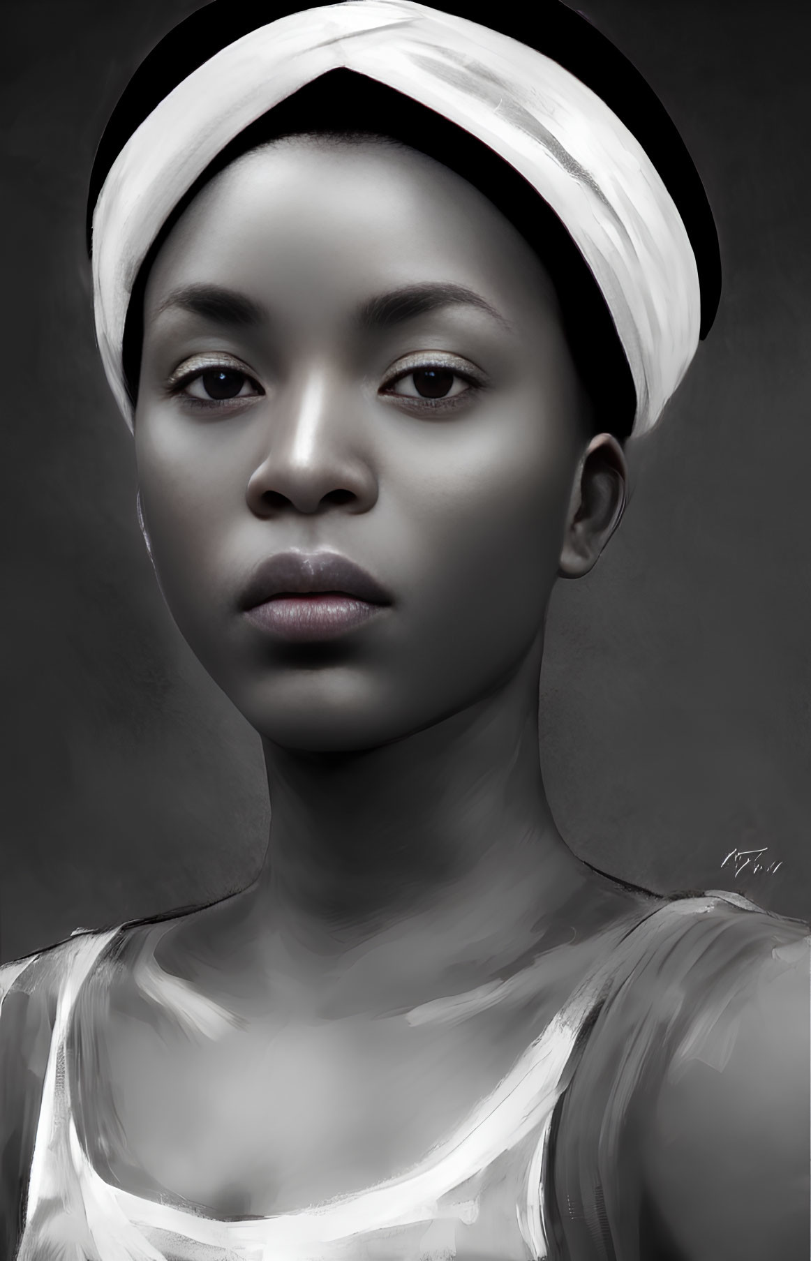 Grayscale portrait of woman in head wrap against dark background