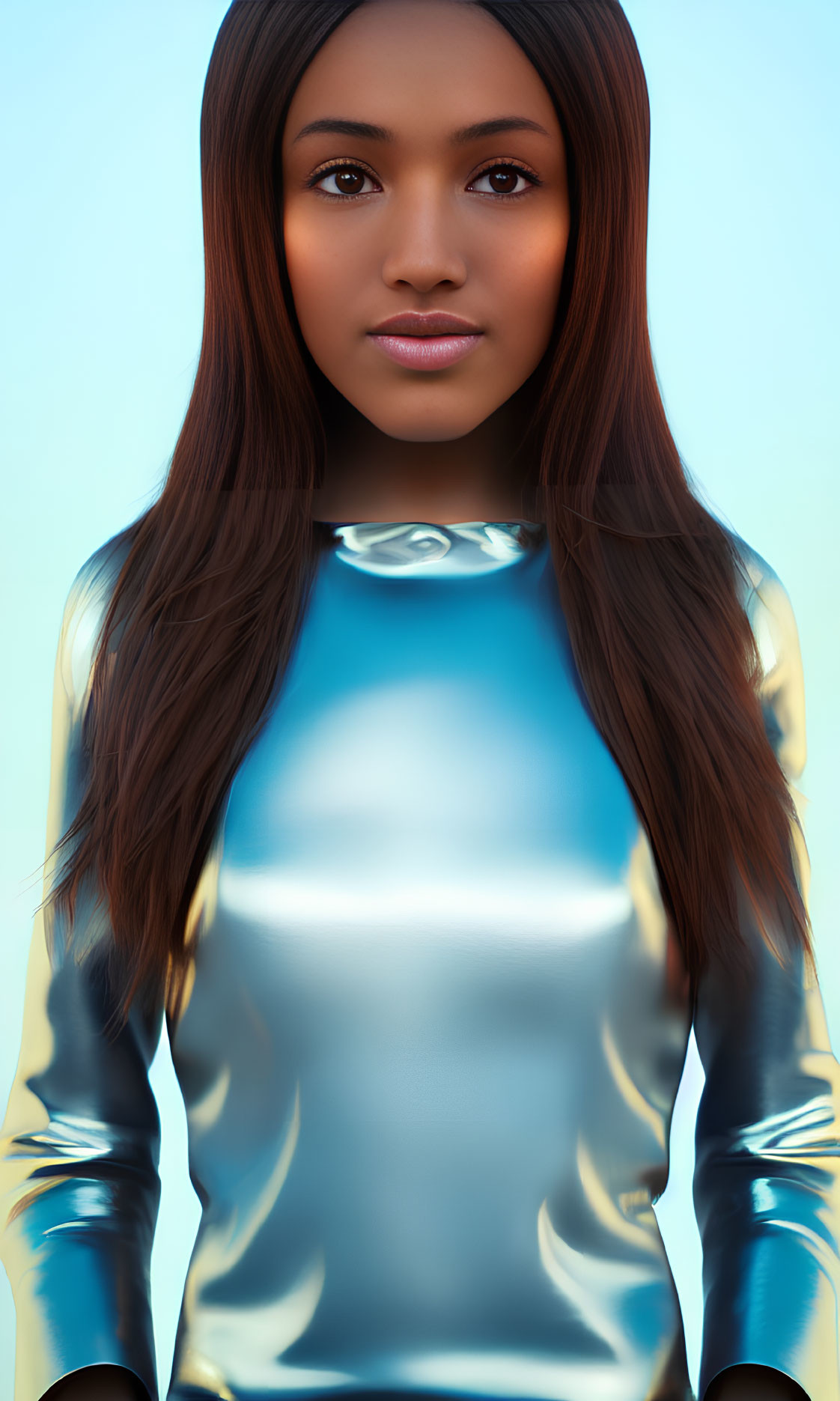 Brown-eyed woman in futuristic blue and gold suit on blue backdrop