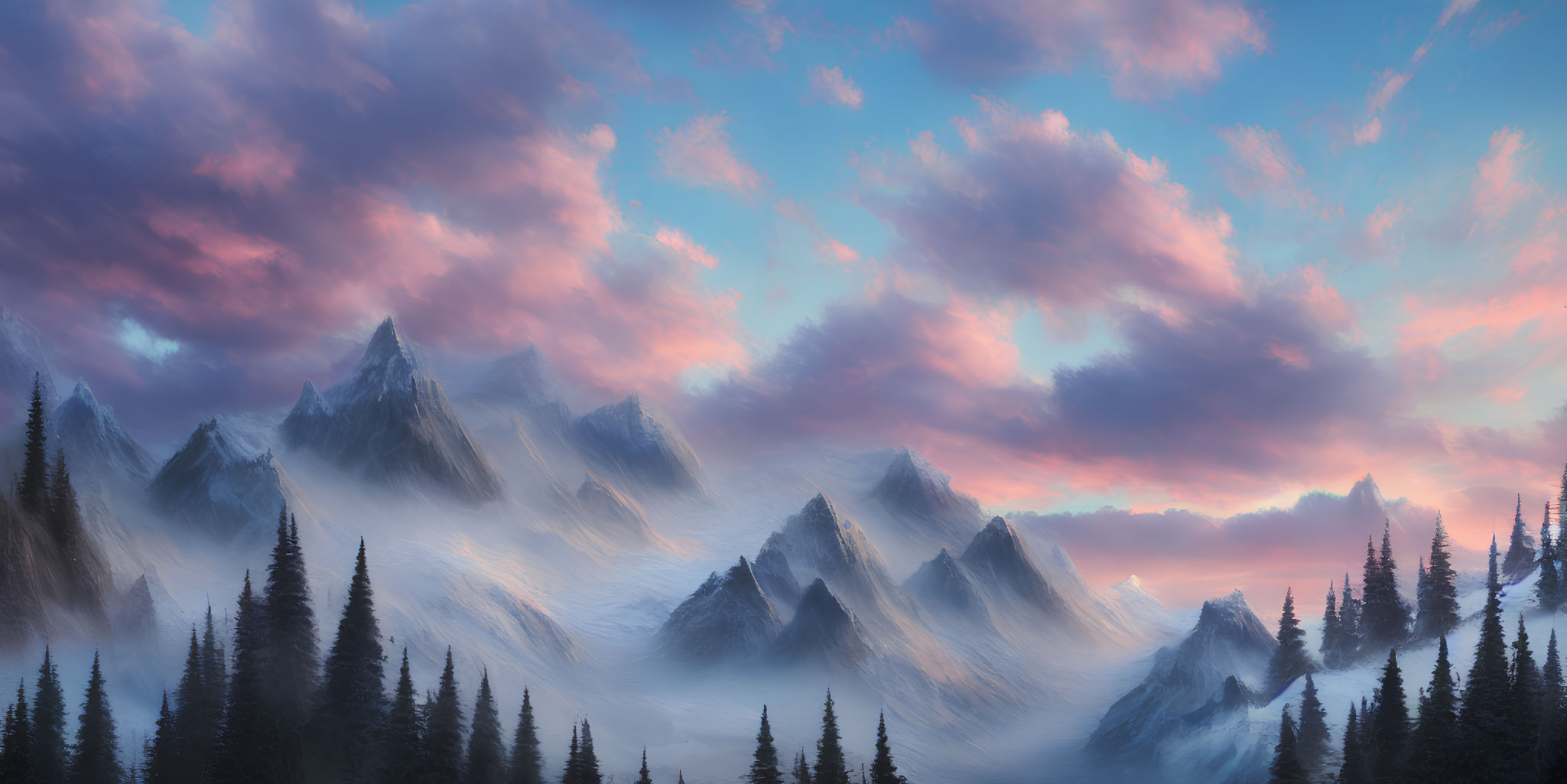 Majestic snow-capped mountains under vibrant pink and blue sky