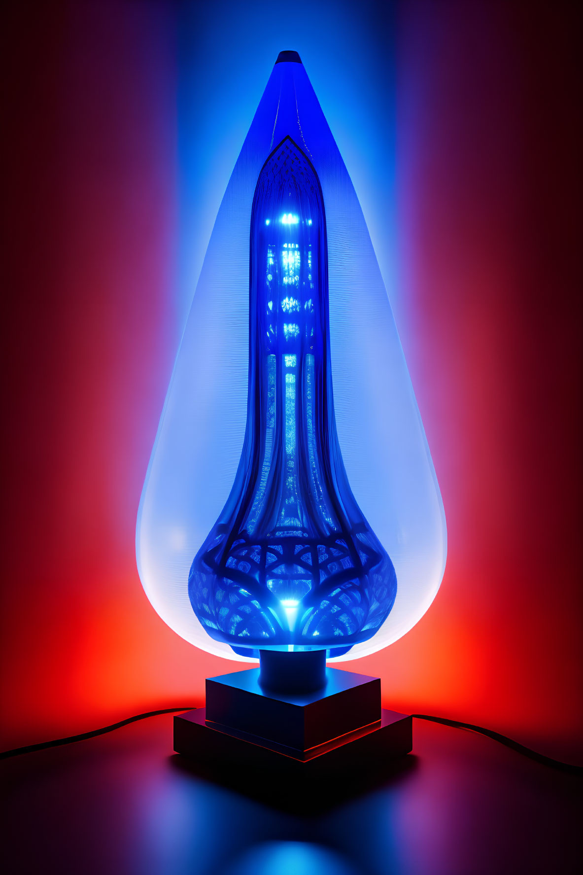 Vibrant blue lava lamp on red and blue gradient background